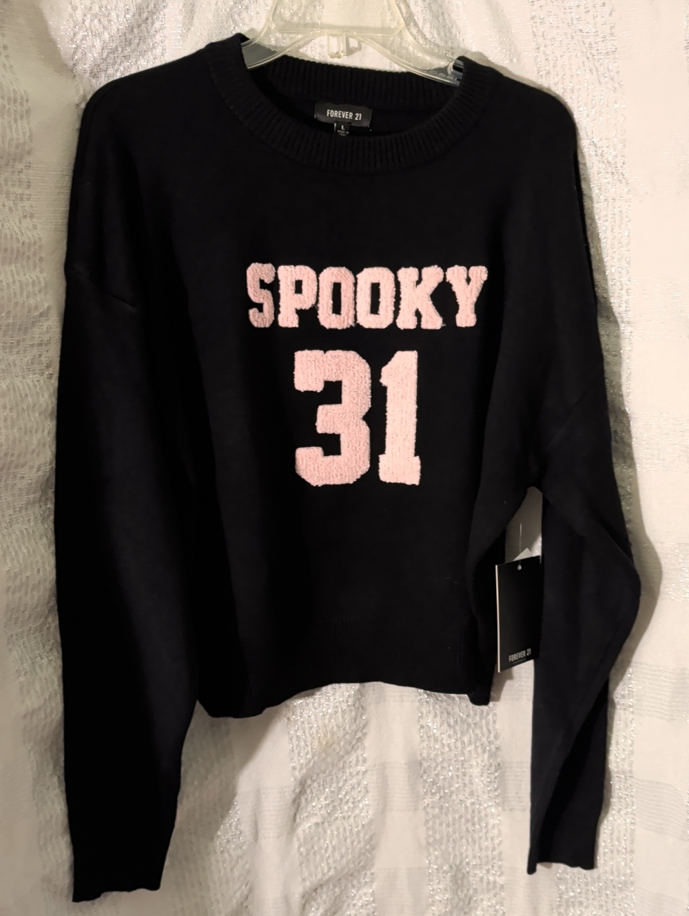 Forever 21 Black Crewneck Sweater with Pink "SPOOKY 31" Chenille